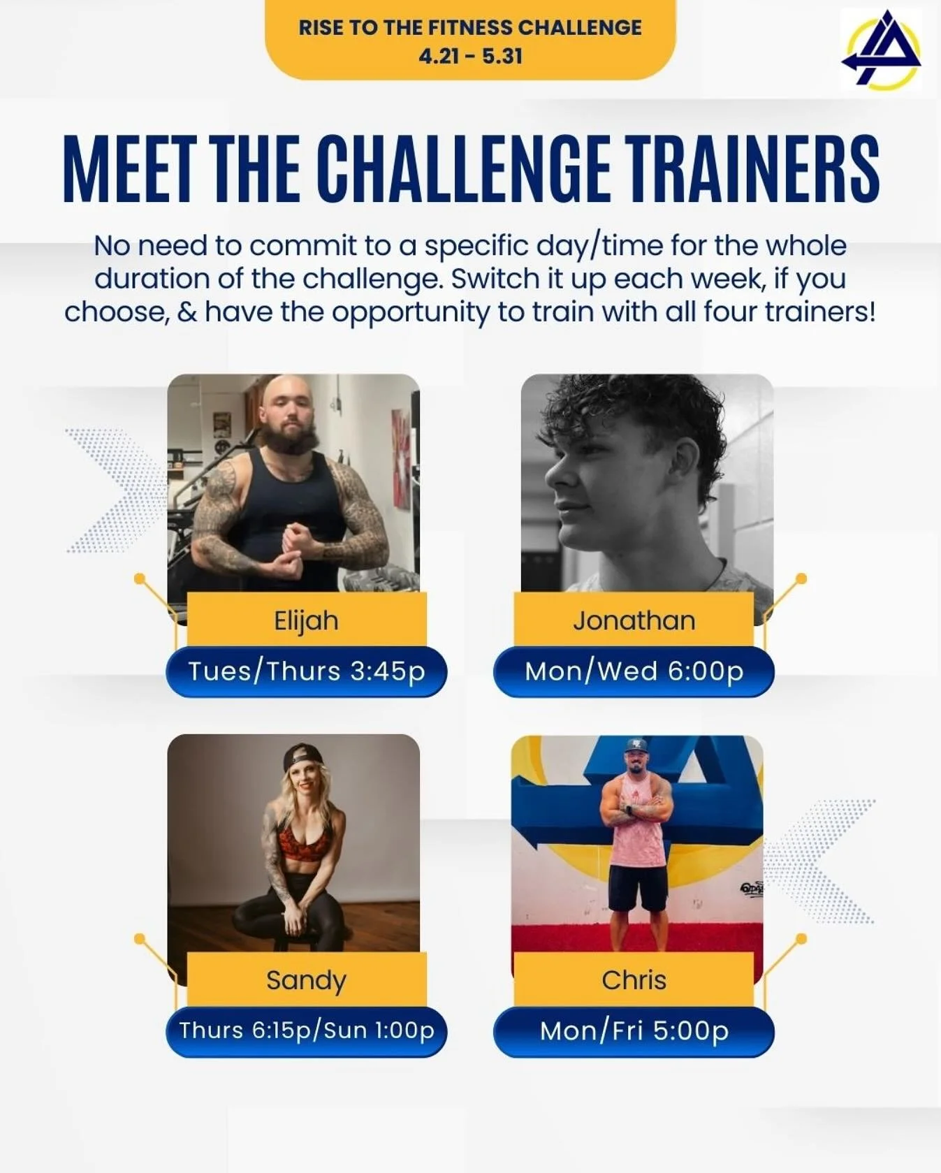 Meet your Rise to the Fitness Challenge coaches, Elijah, Jonathan, Sandy &amp; Chris.

Remember, with this format of the challenge, you have the opportunity to train with ALL four coaches!

We start Monday&hellip;Summer is 9 weeks away&hellip;it&rsqu