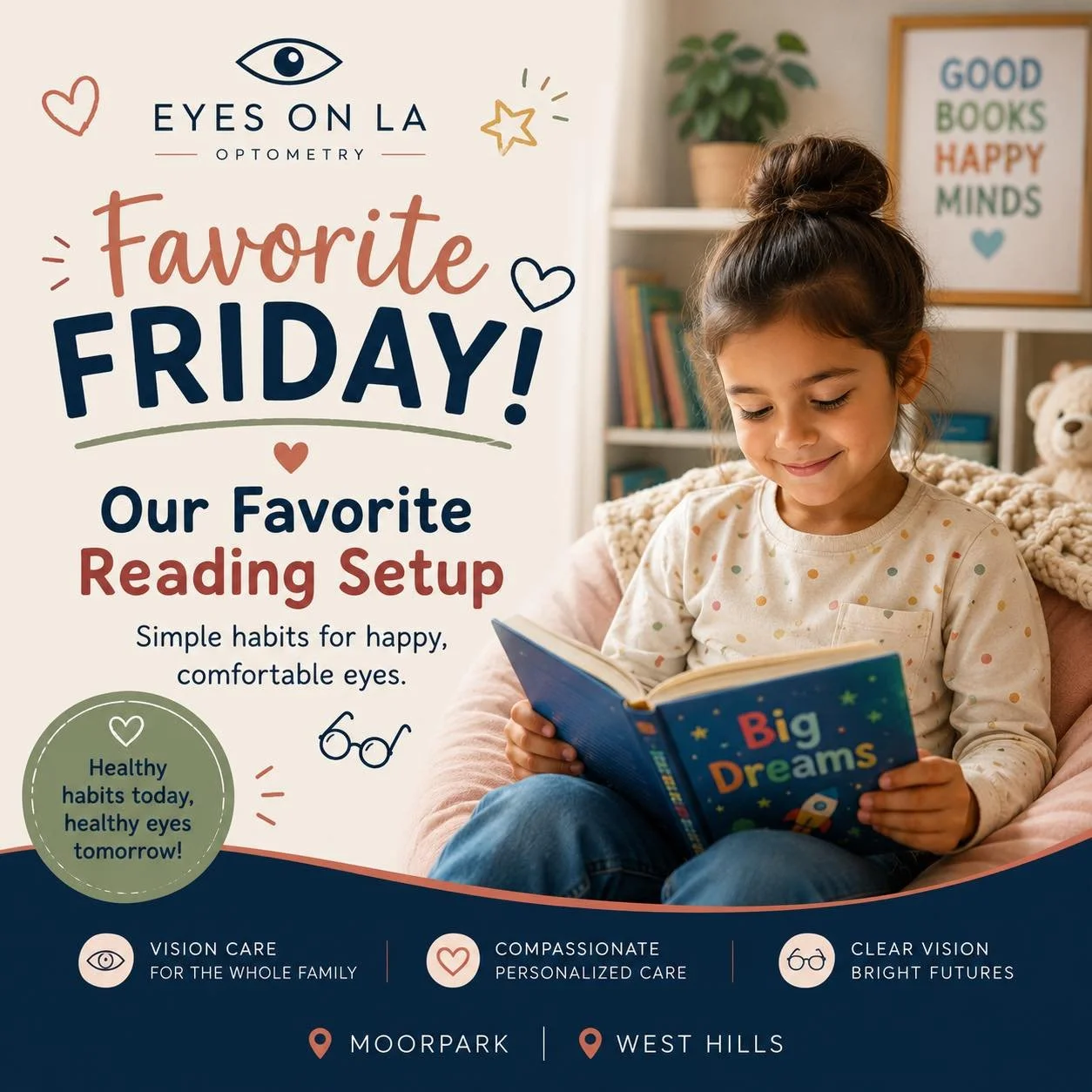 📚✨ Favorite Friday: Our Favorite Reading Setup for Kids!

Reading is one of the best ways to help children learn and grow&mdash;but a few simple habits can help keep their eyes comfortable too! 💙

Here are our favorite reading tips:
💡 Read in a we