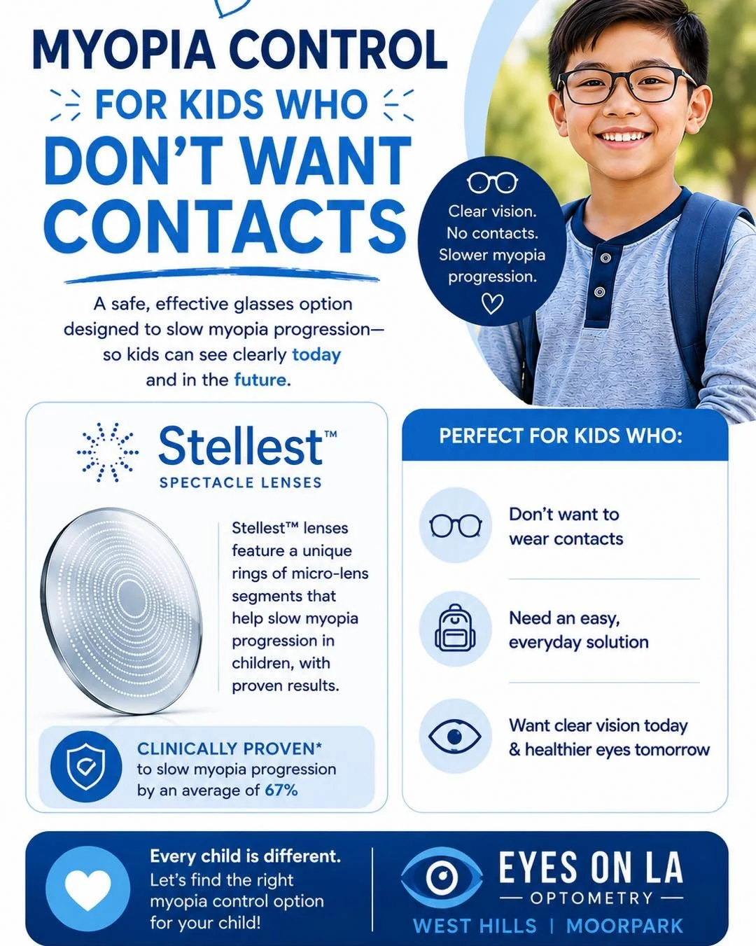 👓 FAVORITE FRIDAY: Myopia control for kids who don&rsquo;t want contacts!

Not every child is ready&mdash;or wants&mdash;to wear contact lenses, and that doesn&rsquo;t mean they have to miss out on myopia management.

✨ Stellest&trade; lenses are sp