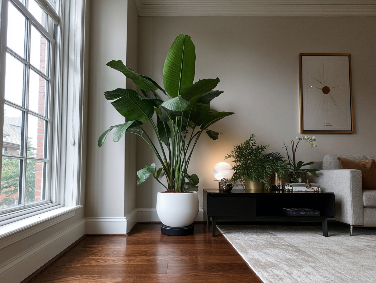 The Houseplant Care System (HPCS), an intelligent self-watering device, is displayed under a white planter in an elegant living room with a minimalist design that blends seamlessly with luxury interiors.