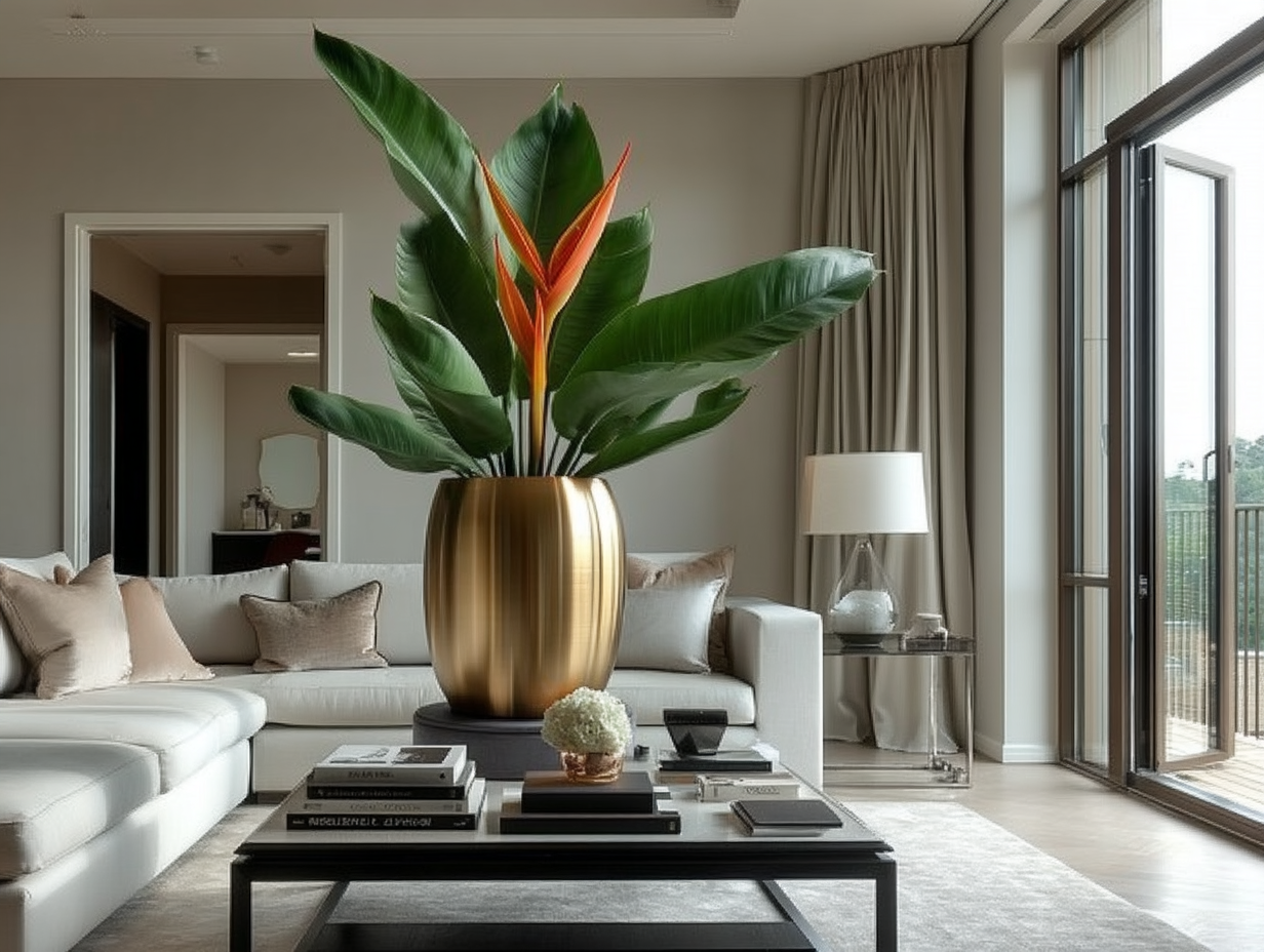 The HousePlant Care System (HPCS), an AI-powered self-watering device, features a sleek gray device placed under a metallic gold vessel, styled in a bright, modern living room with neutral furnishings and natural light.