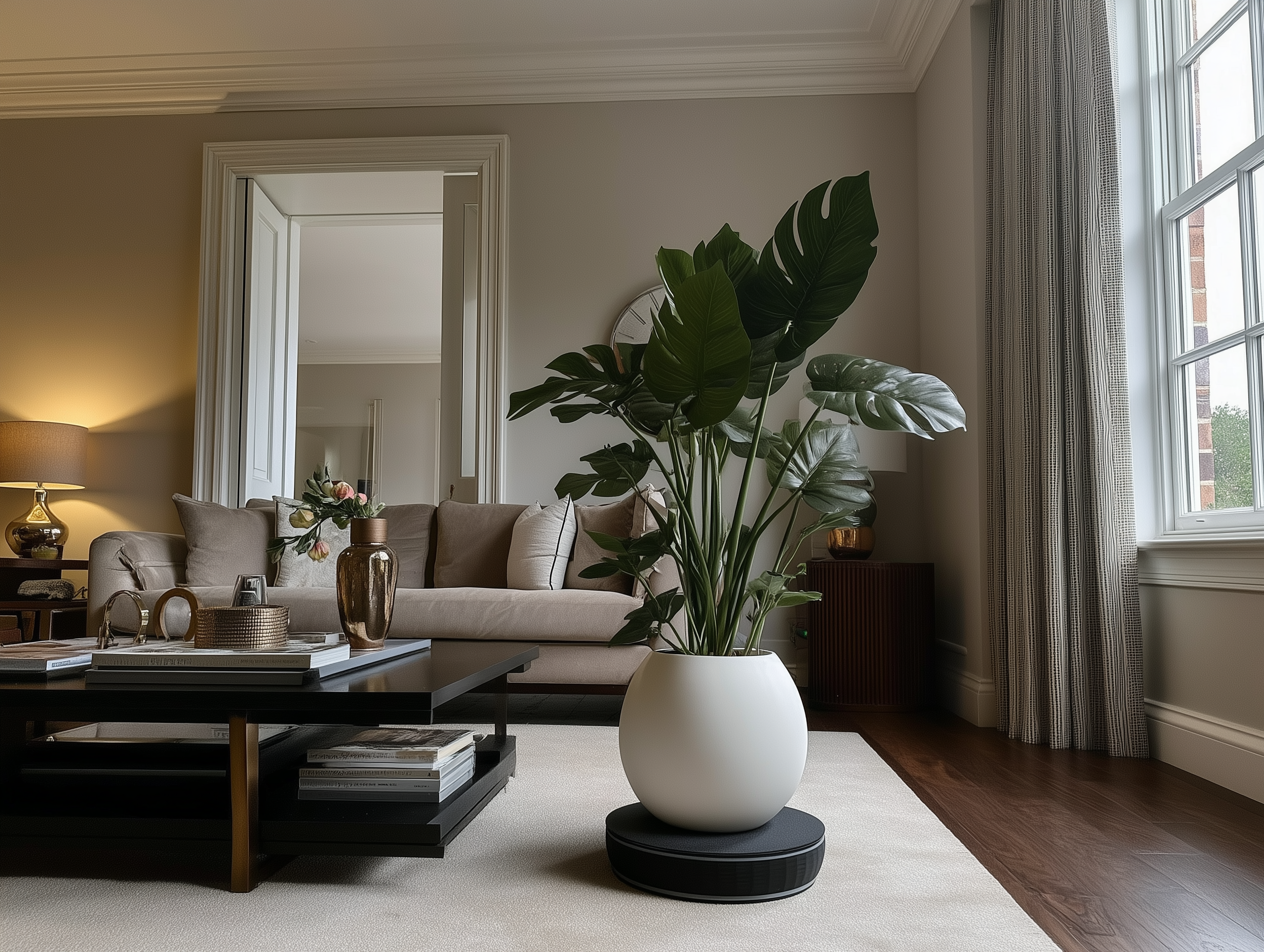 Living room with a large potted plant atop a Houseplant care System AI-powered sel-watering device.
