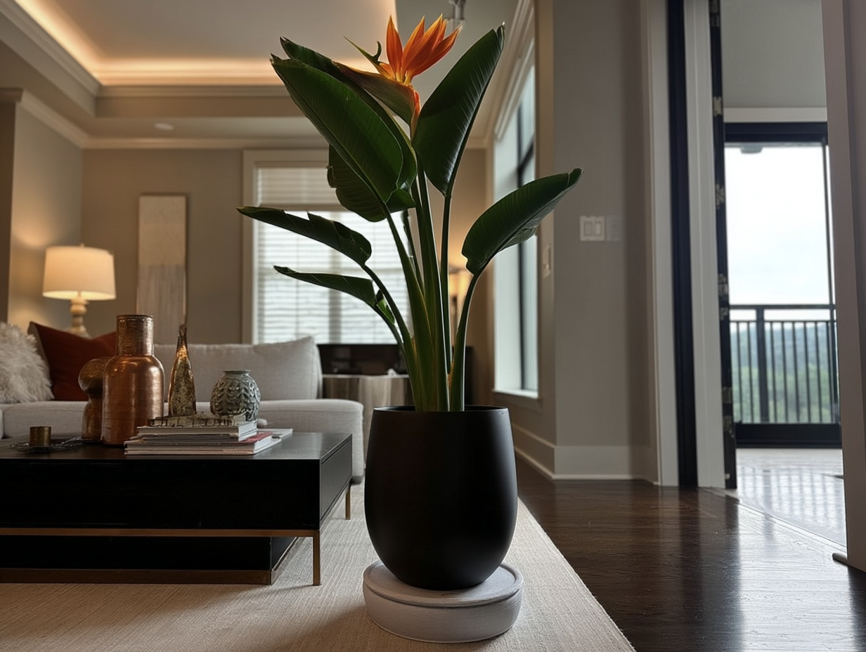 The Houseplant Care System (HPCS), an AI-powered self-watering device, is displayed under a black planter in a sophisticated living room setting with neutral tones and natural light, highlighting its minimalist and intelligent design.