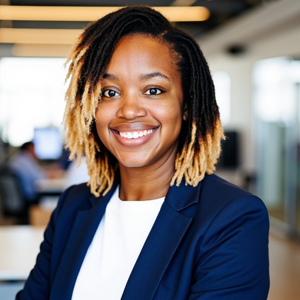 A smiling African American woman in a navy blue blazer and white shirt, with shoulder-length dreadlocks, in a bright modern office setting.