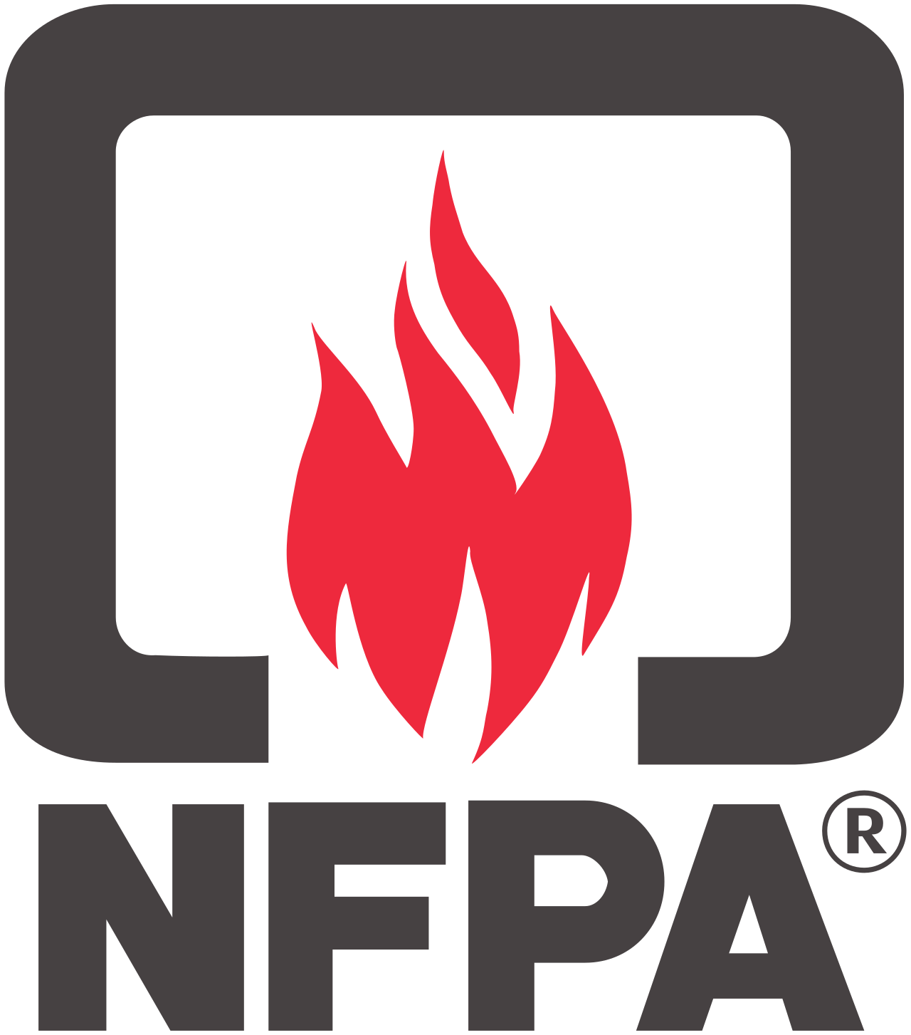 NFPA fire safety warning symbol with a red flame in a black square and a gray border underneath the word 'NFPA'.