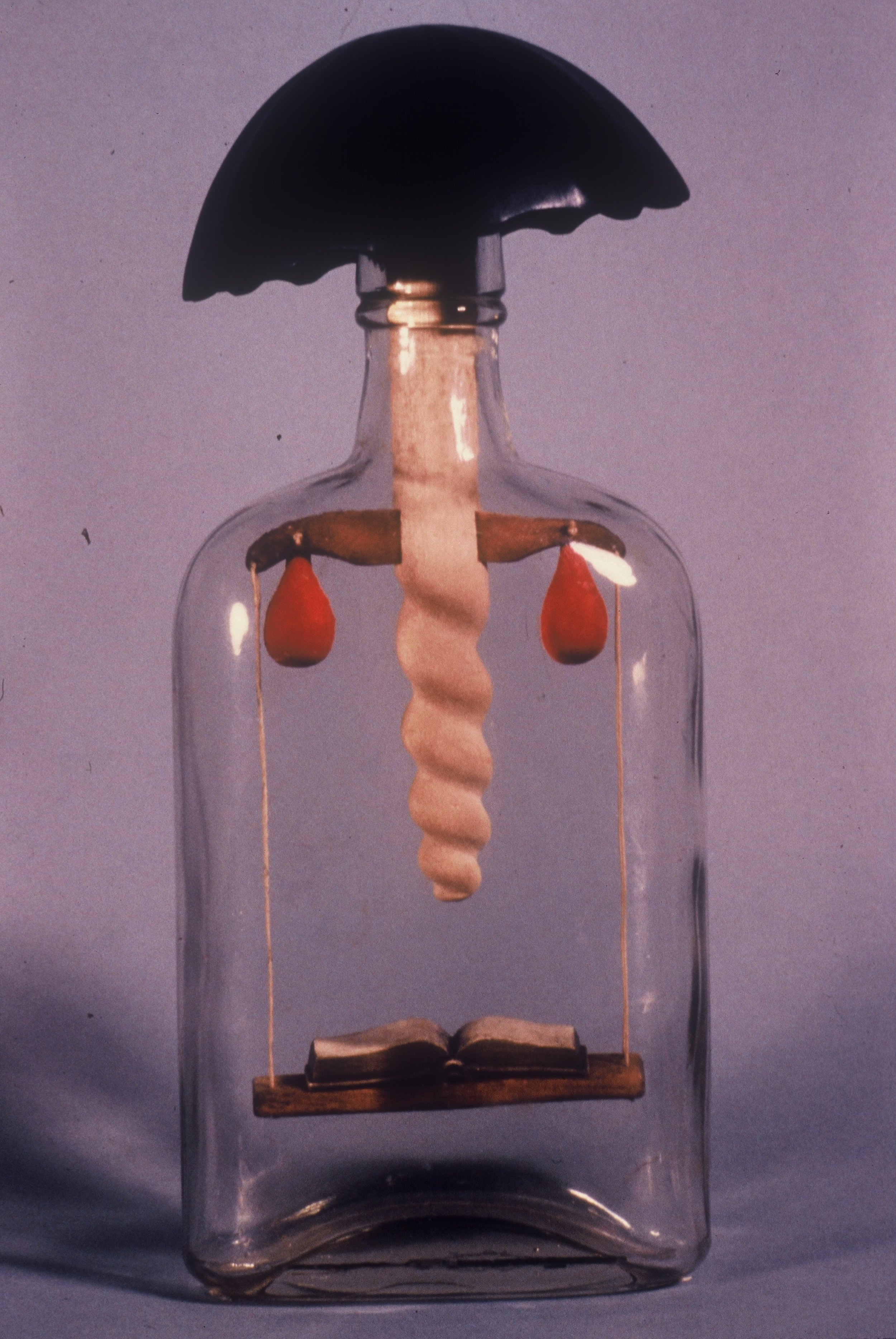 A glass bottle containing a mushroom, red teardrop-shaped objects, an open book, and a black umbrella on top.
