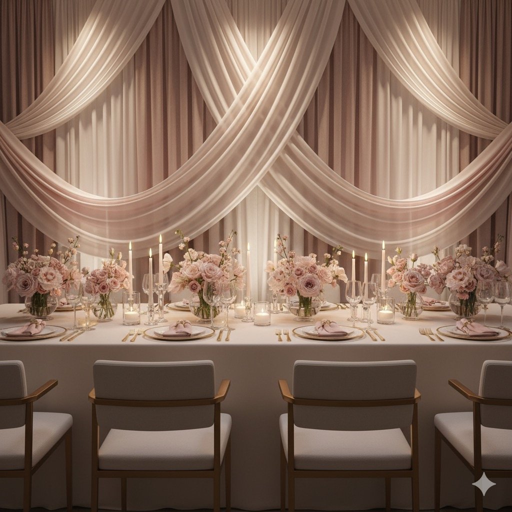 Elegant banquet table decorated with a colorful flower centerpiece, pastel-colored eggs, glasses of water, and silverware, set in a well-lit dining hall.