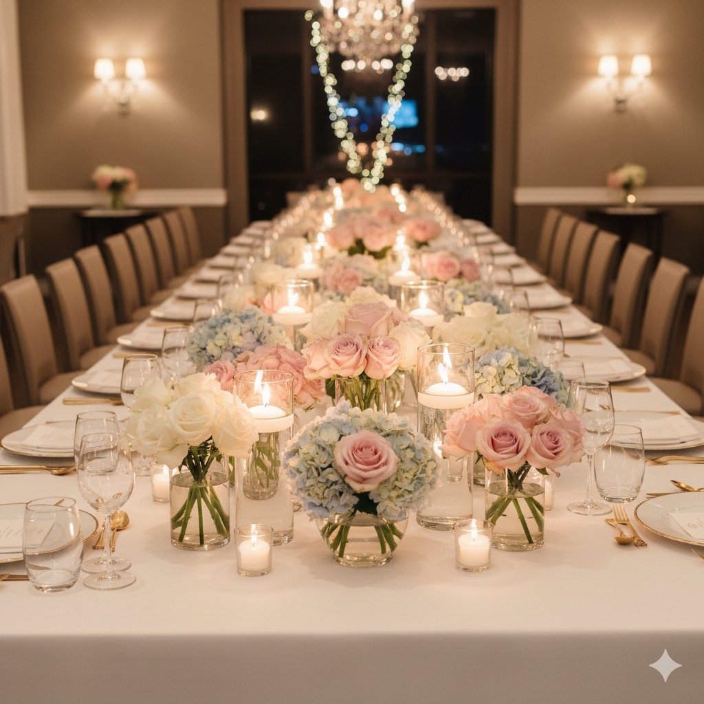 Elegant dining table set for a formal event with floral centerpieces and candles, in a well-lit room with wall sconces and large windows