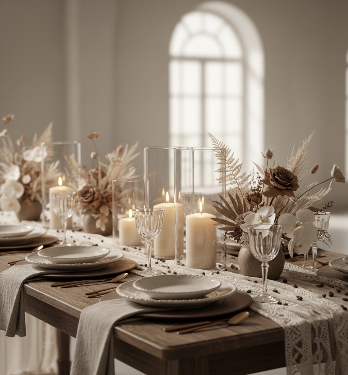 Elegant dining table set with beige plates, gold utensils, crystal glasses, candles, and neutral-toned floral centerpieces in vases, in a softly lit room with arched windows.