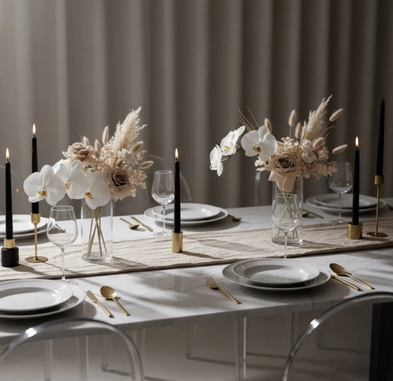 Elegant dining table set with white plates, gold utensils, black and gold candles, and floral centerpieces with white orchids and beige flowers, on a beige table runner.