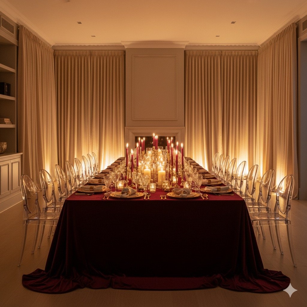 Elegant dining room with a long table covered in a burgundy tablecloth, set with gold-rimmed plates, napkins, and glassware. The table is illuminated by numerous candles and red candles, creating a warm, intimate atmosphere. Beige curtains with light