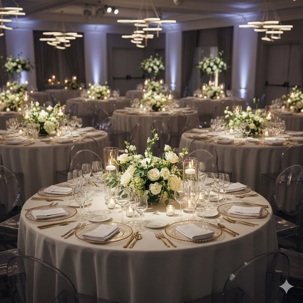 Outdoor wedding ceremony setup with a white fabric aisle, floral arrangements on tall stands, and a flower arch in the background.