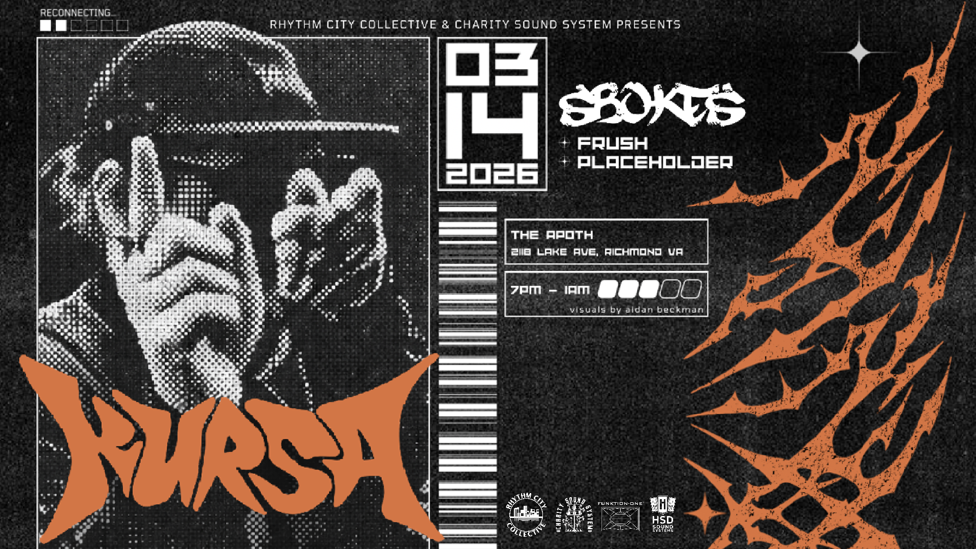 Black concert poster featuring white stylized figures holding large paintbrush strokes that spell 'LNY.' Event details include Richmond, VA, December 13th, 2025, Ember Music Hall. Logos of Rhythm City Collective, Brownies Lemonade, and an abstract logo are at the bottom right. Text reads 'Noise to Dance to.'