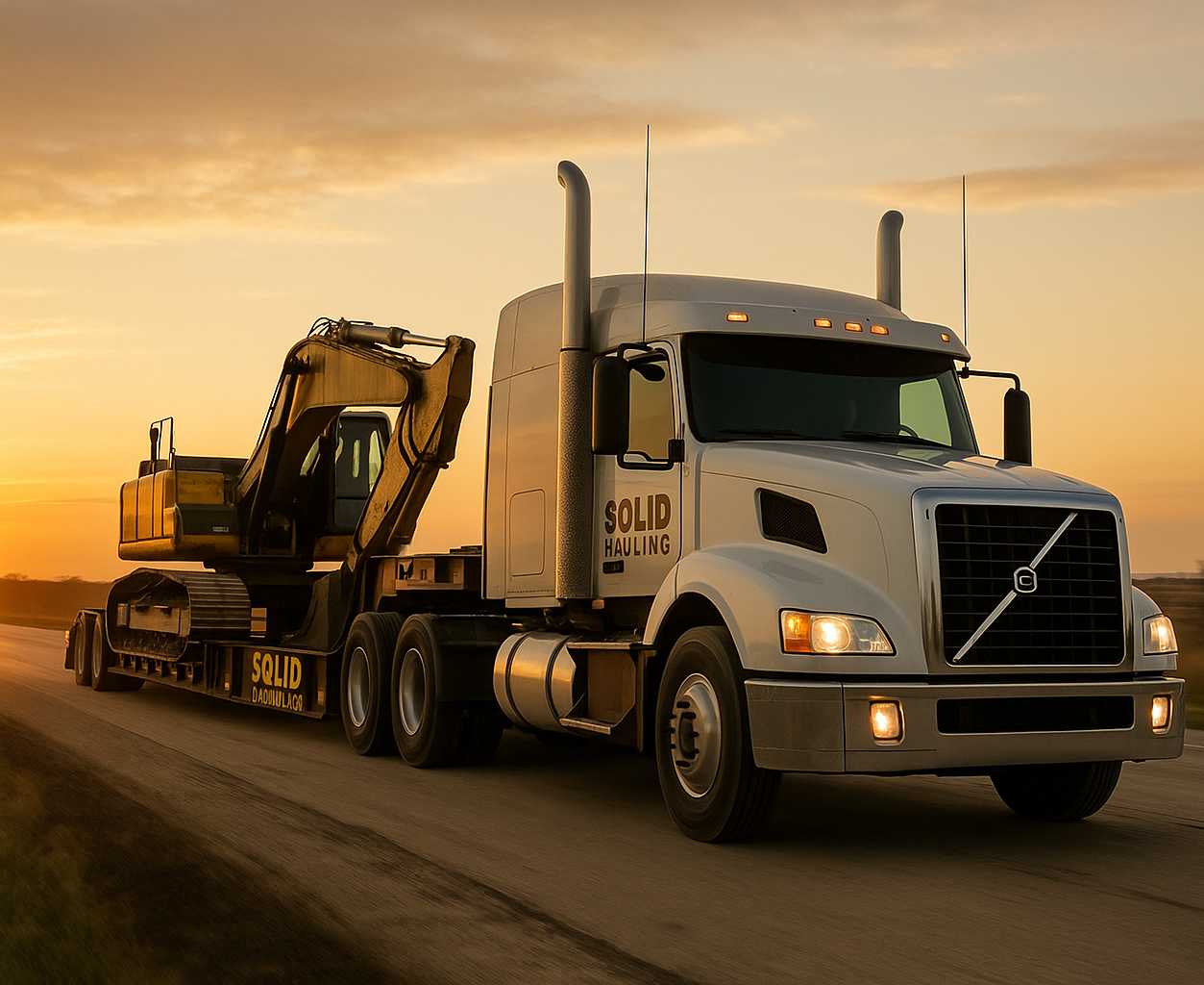 A white semi-truck with a yellow excavator loaded on its flatbed travels on an open road during sunset.