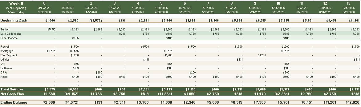 Financial spreadsheet displaying weekly financial data from week beginning 3/12/2026 to 6/15/2026. It includes categories such as beginning cash, taxes, late collections, other income, payroll, mortgage, car payment, utilities, Wi-Fi, software, CPA, 
