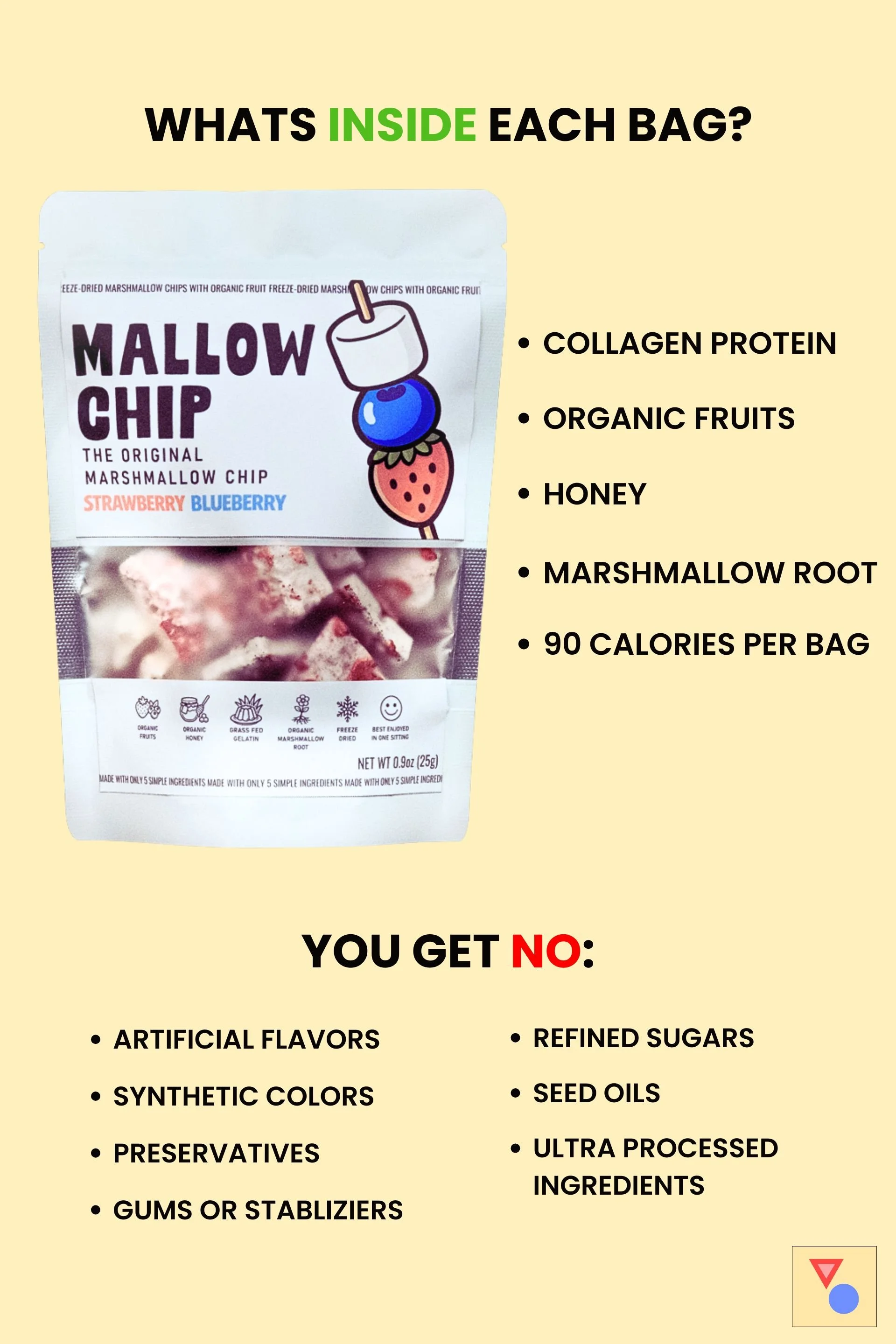 Image of a marshmallow chip bag with a colorful illustration of a marshmallow on a popsicle stick, surrounded by a list highlighting its natural ingredients and free-from additives.