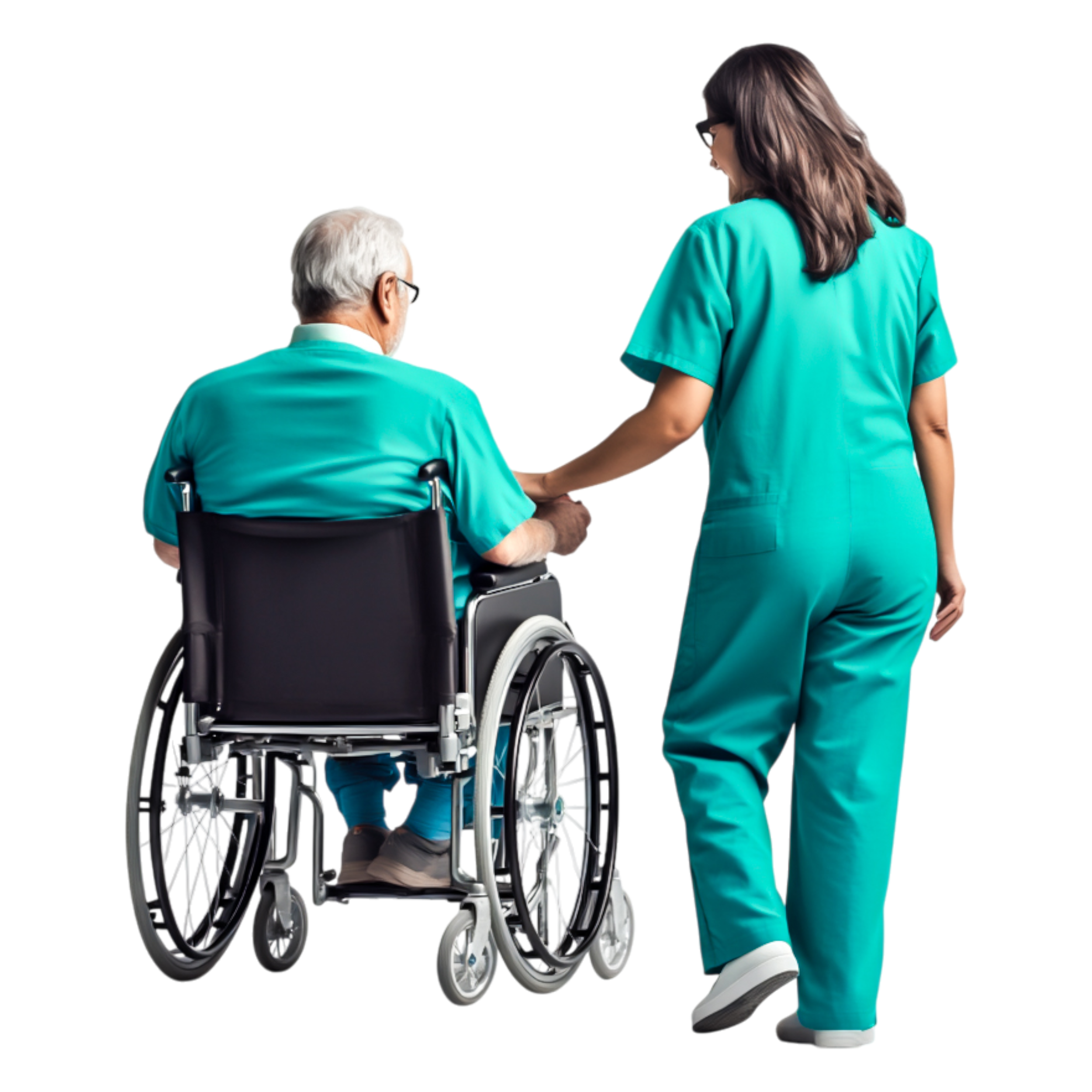 A healthcare worker in teal scrubs assisting an elderly man in a wheelchair, holding his hand.