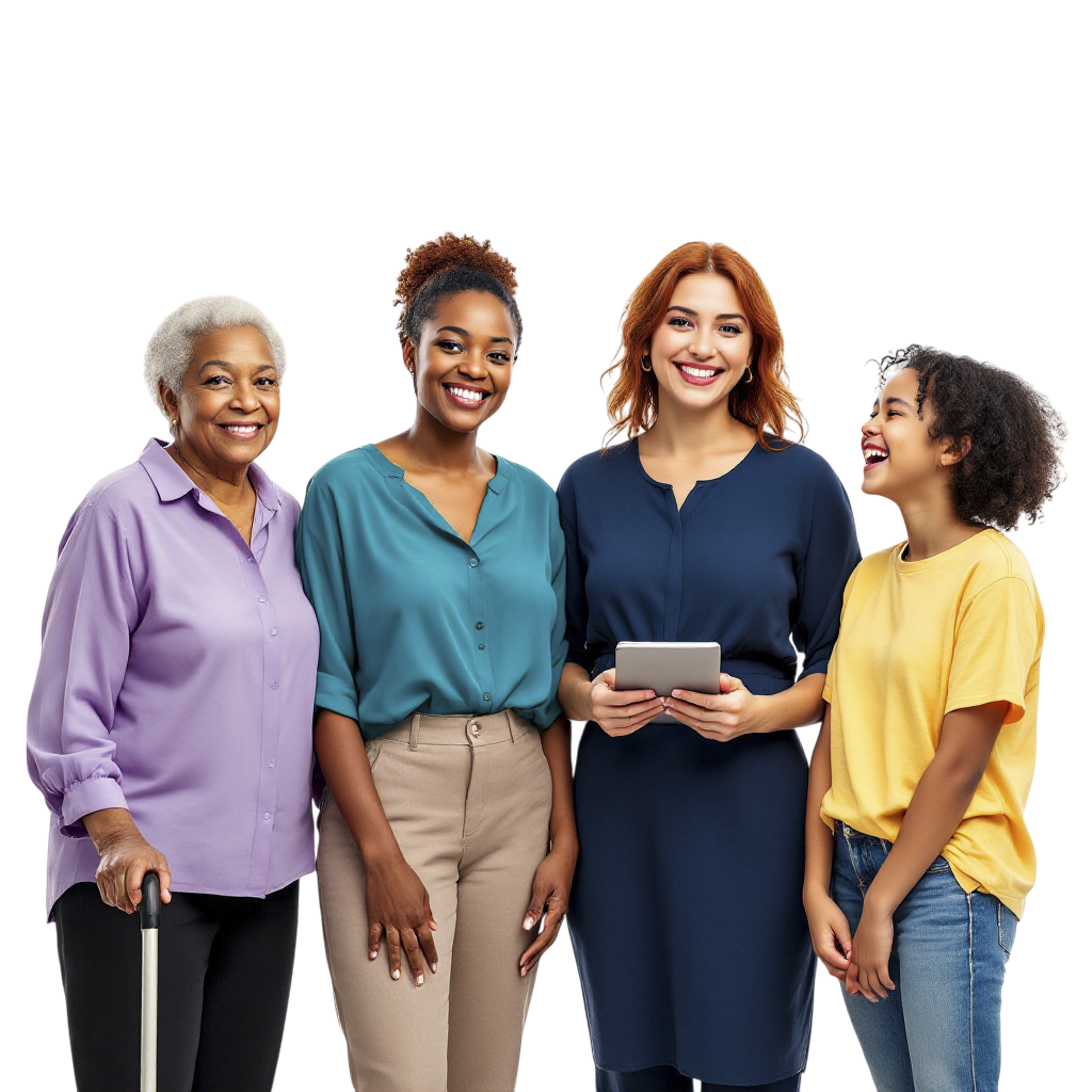 Four women of different ages and ethnicities smiling together, standing close, with one holding a small tablet