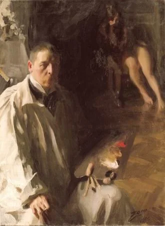 Anders Zorn Self Portrait with Palette. This image is the source of the commonly used "Zorn Palette" method of teaching color mixing.