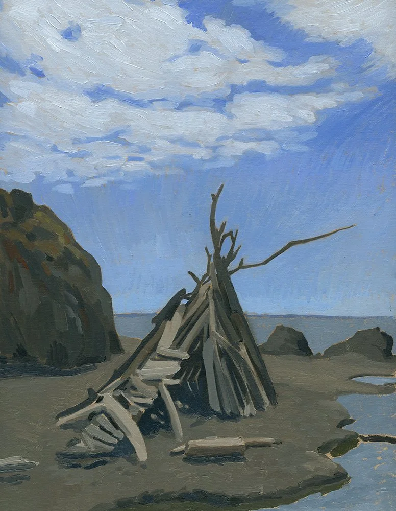 Driftwood Structure on the Beach, Oregon Coast, 16" x 20", sold