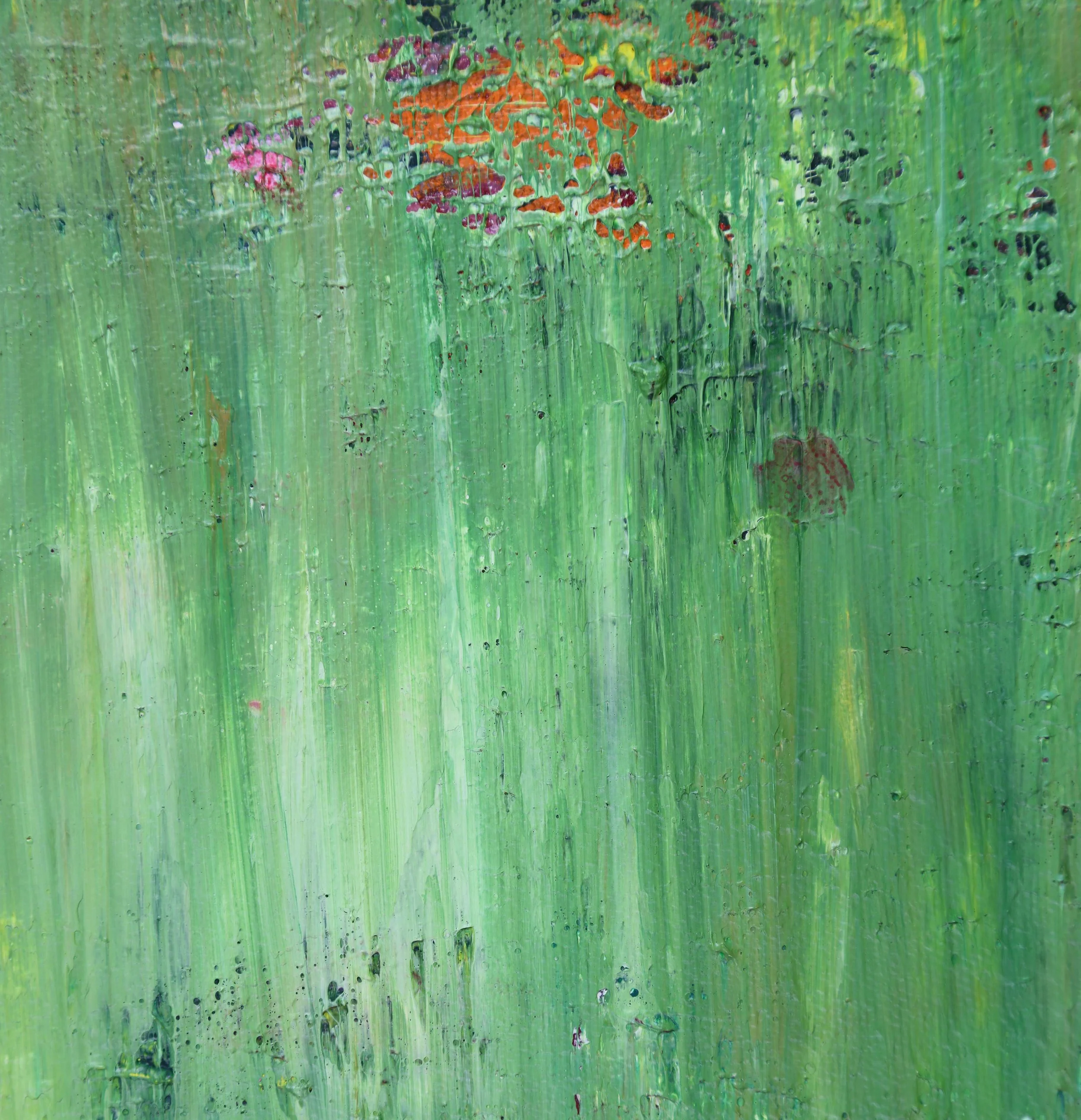 Abstract green textured painting with hints of orange and pink at the top.