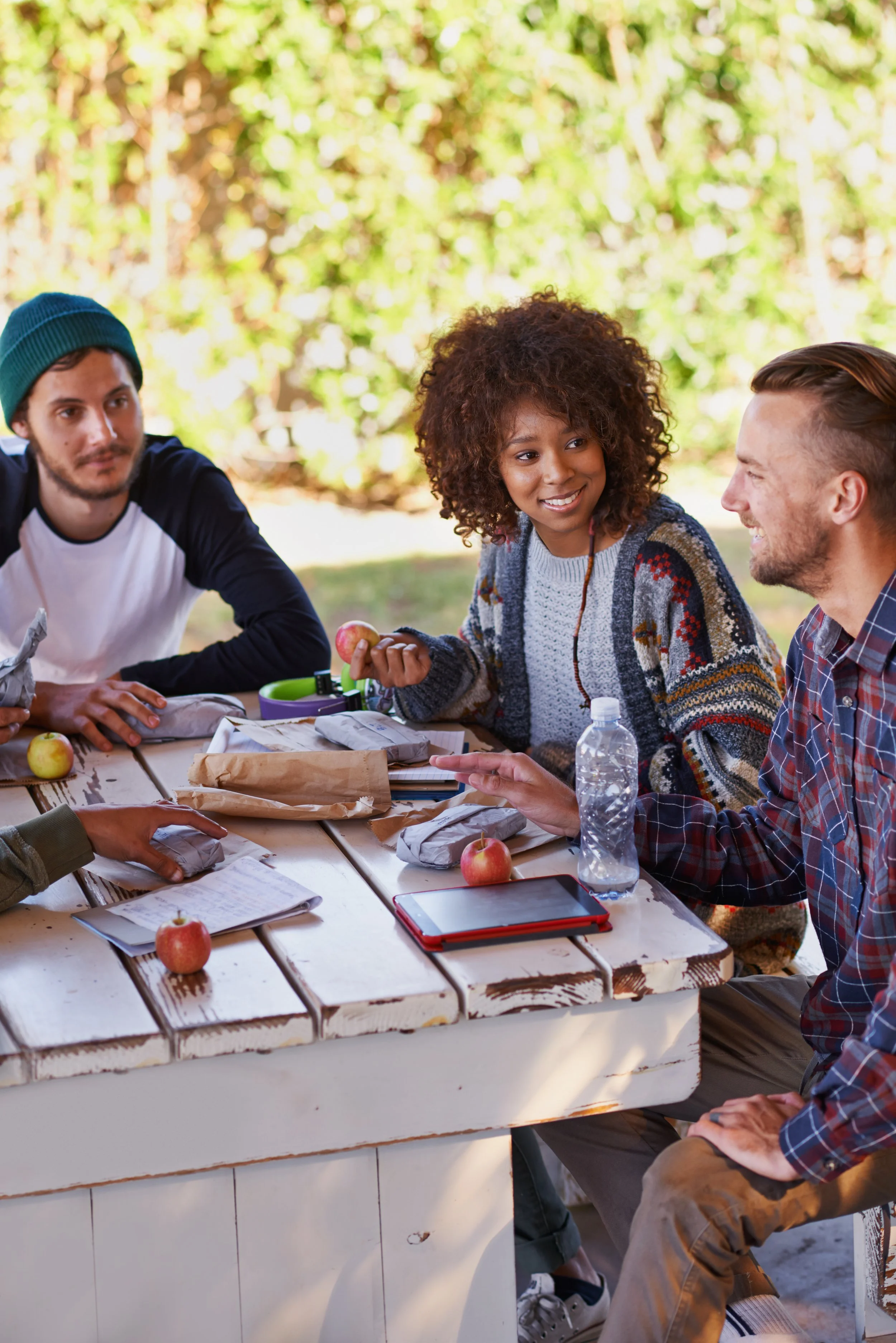 Group of four people sitting at a picnic table outdoors, talking and eating apples with wrapped sandwiches, surrounded by trees.