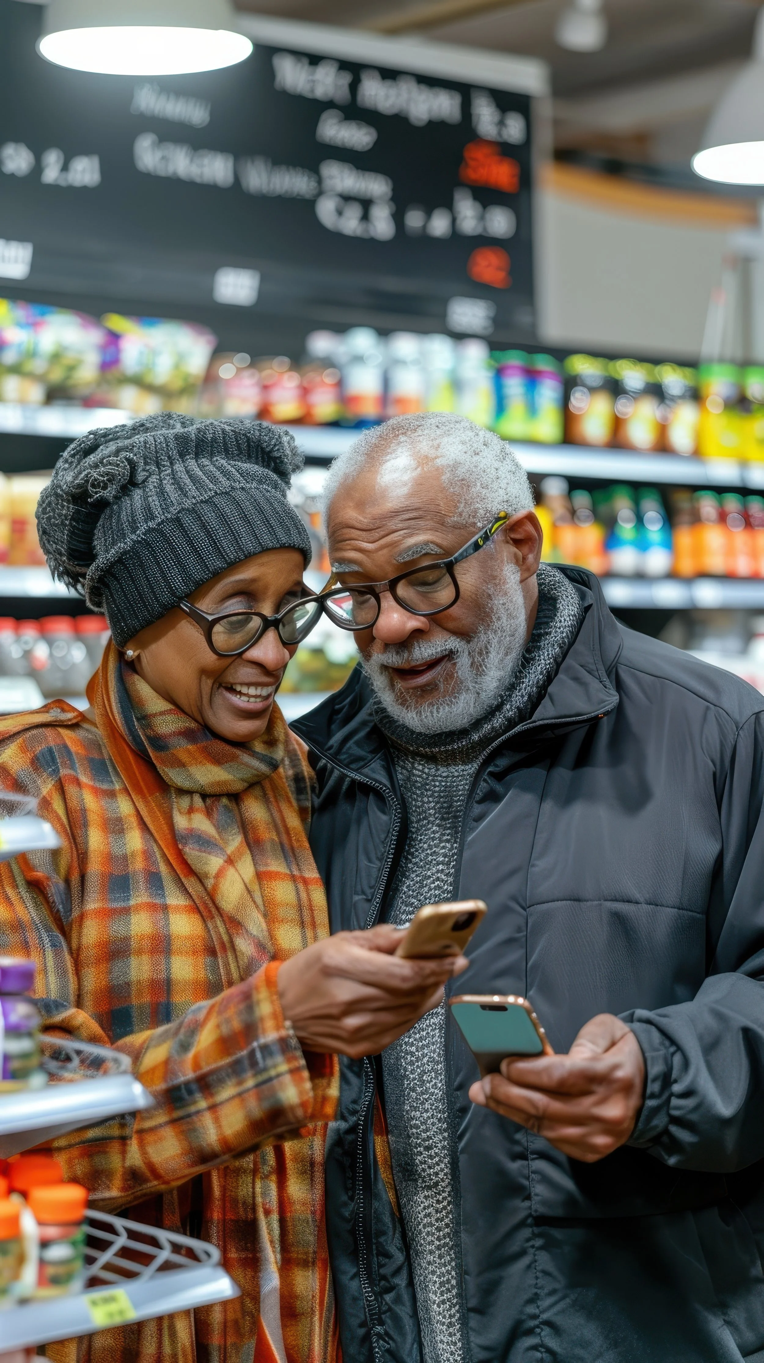 An elderly couple shopping in a grocery store, looking at their smartphones and smiling.