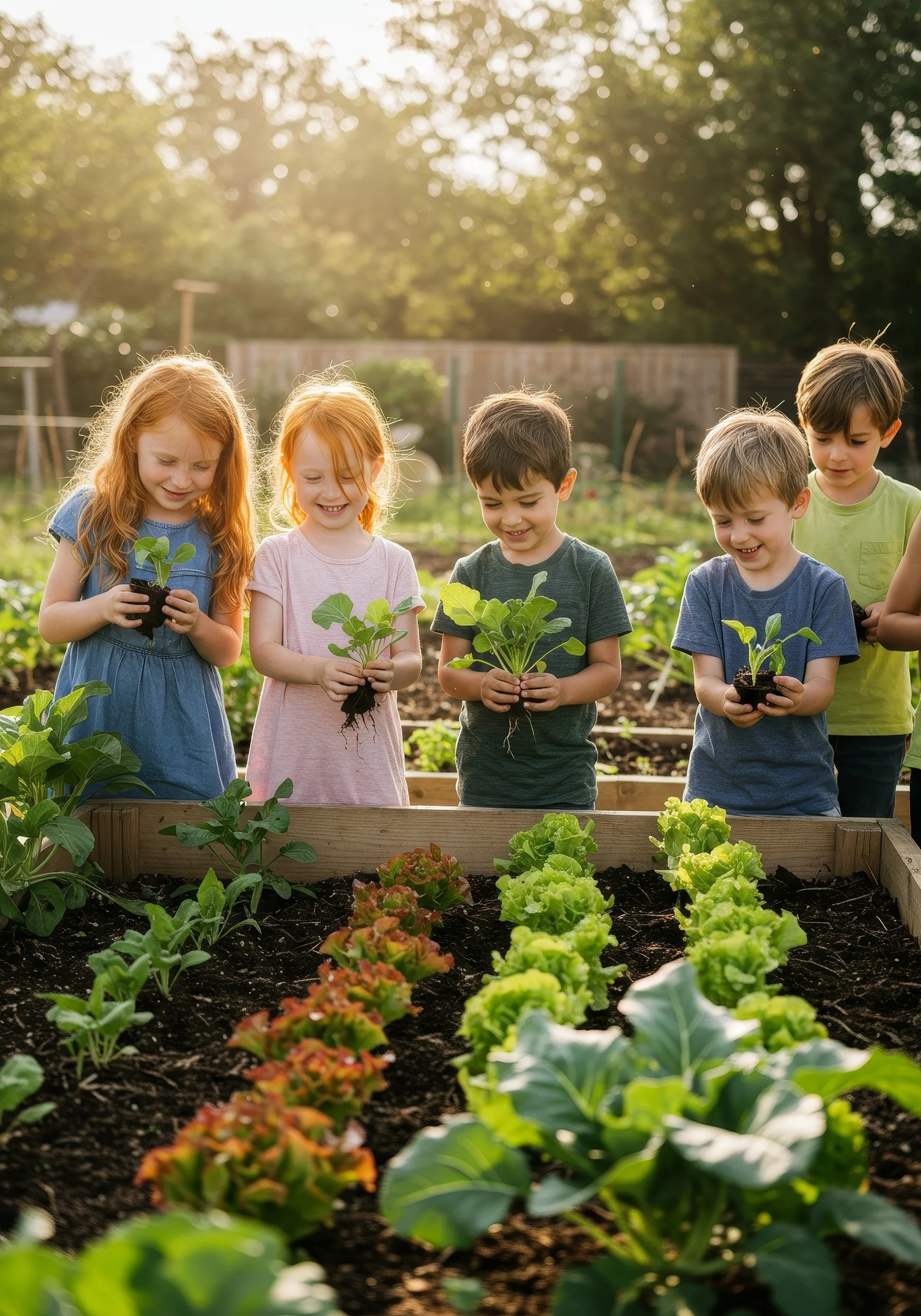 Children gardening in a backyard garden during the daytime.