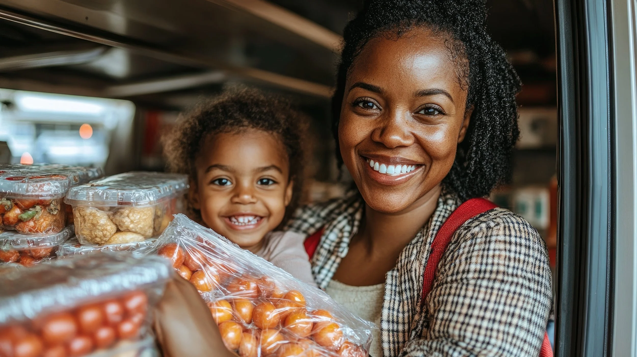 A joyful woman and a young girl shopping at a grocery store, with shelves of packaged vegetables in the background.