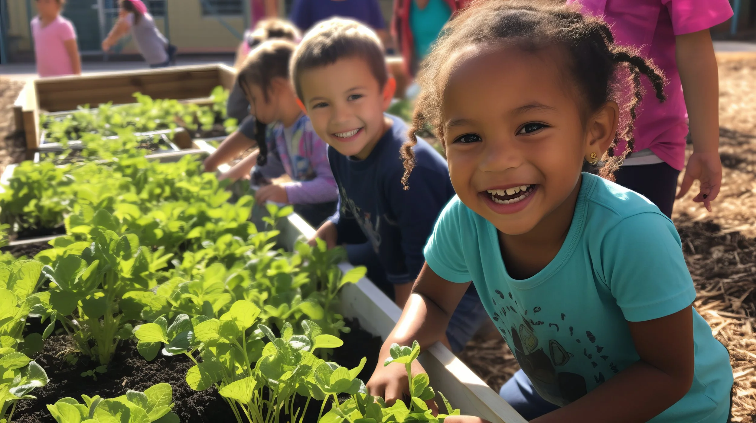 Young children smiling and working in a vegetable garden with lush green leafy plants.