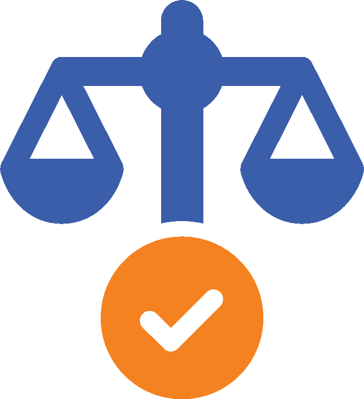 Debt Free Justice Campaign that ended juvenile fines and fees. A scale in blue with a circle checkmark in orange.