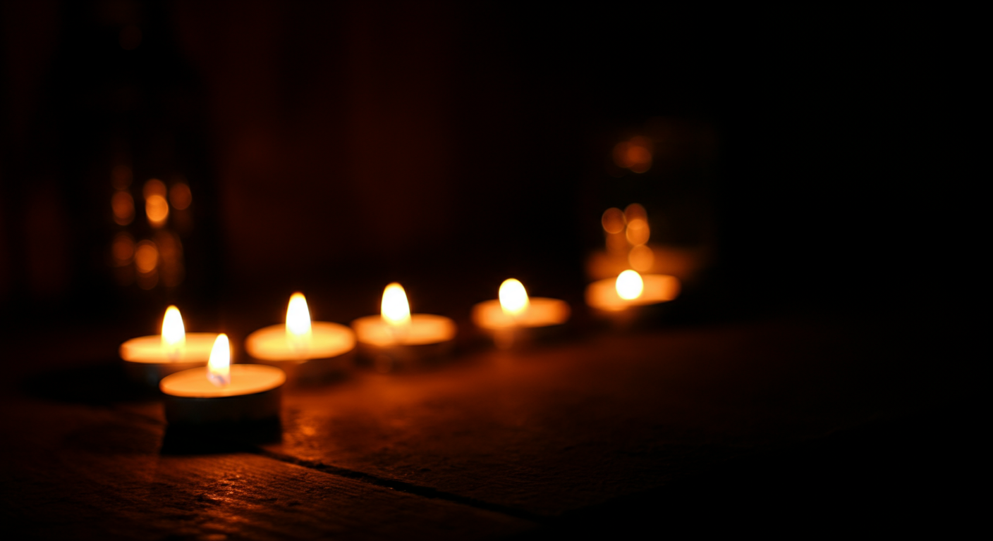 Five small tealight candles glowing on a dark surface, creating a warm, soft light.