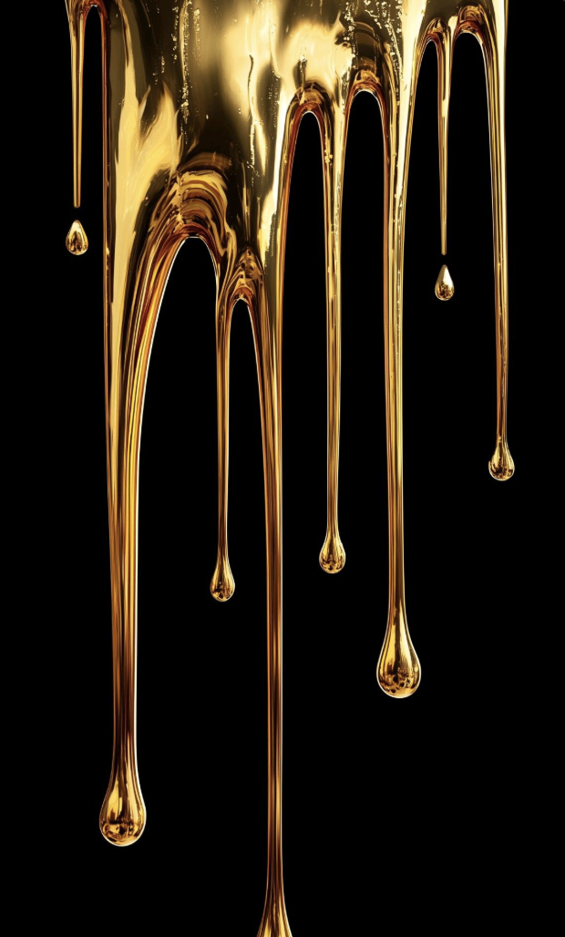 Close-up of hot, melted gold dripping vertically against a black background.
