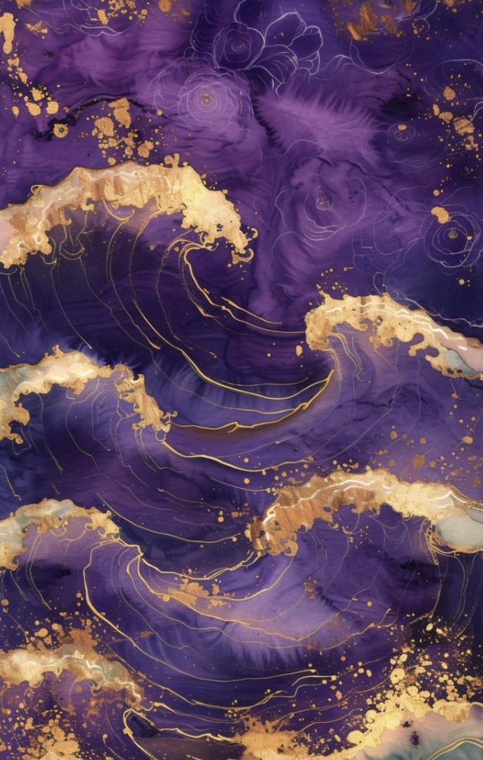 Abstract painting with purple, gold, and white swirling patterns, resembling waves or clouds with gold splashes.