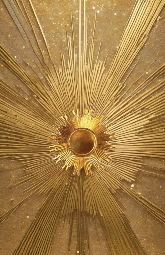 A golden sunburst ornament with radiating thin bars and a circular center, likely a decorative piece or religious icon, set against a brown and gold textured background.