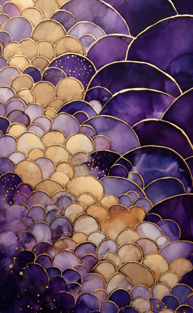 Abstract watercolor painting with overlapping gold-outlined semi-circles in shades of purple, violet, lavender, and beige, with small gold splashes.