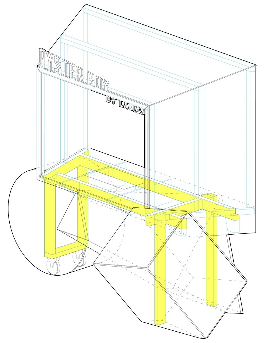 Design plan for a public display or kiosk with a partially transparent structure, featuring a sign that reads 'POWDERED' and a yellow-colored frame on wheels, with an angled surface beneath.