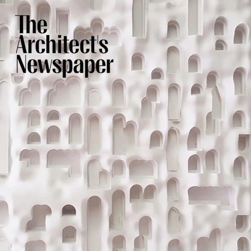 Cover of The Architects Newspaper with a white textured background featuring numerous small arched openings.