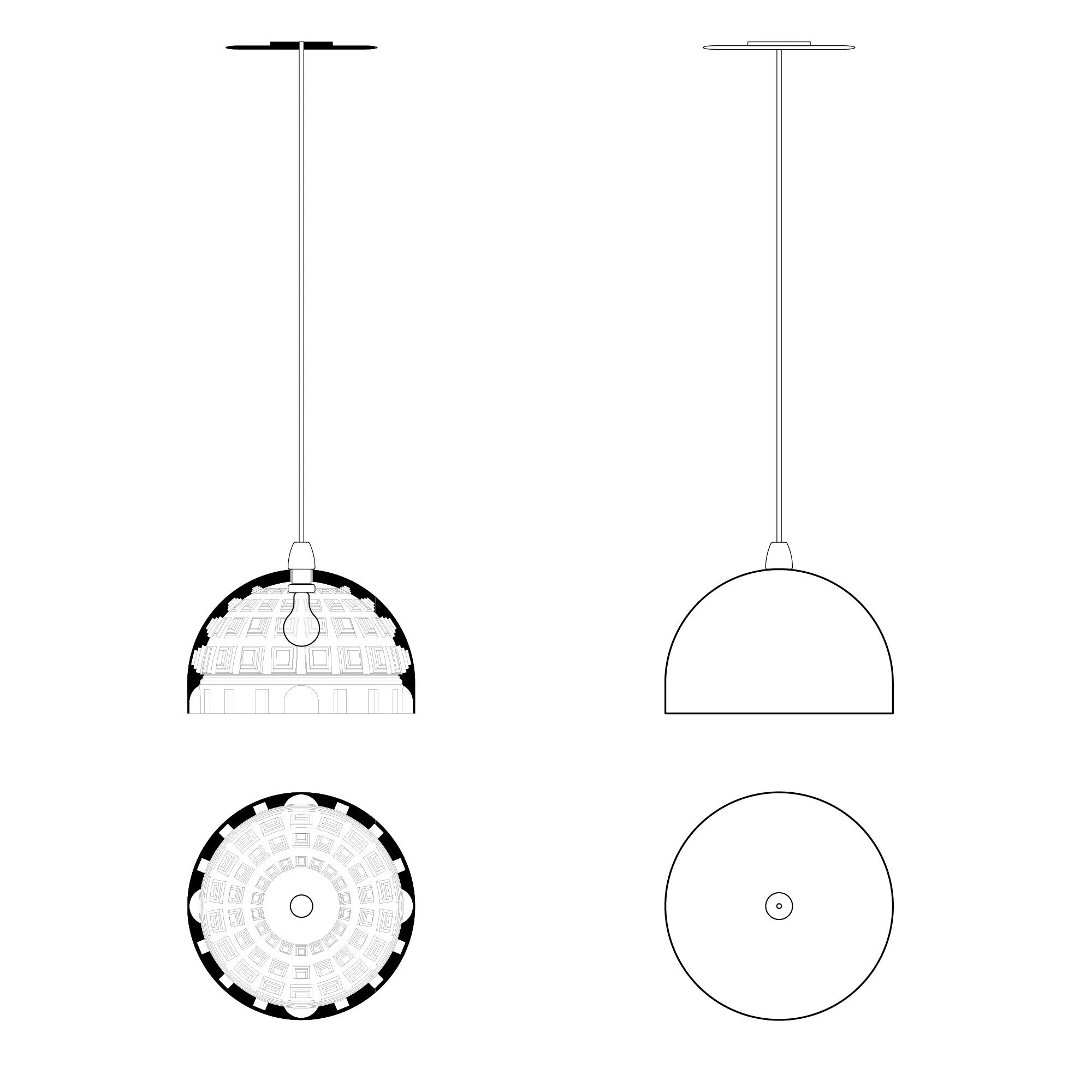 Line drawings of two pendant light fixtures, showing front and top views; one has a patterned dome-shaped shade, and the other is a plain semi-circular shade.