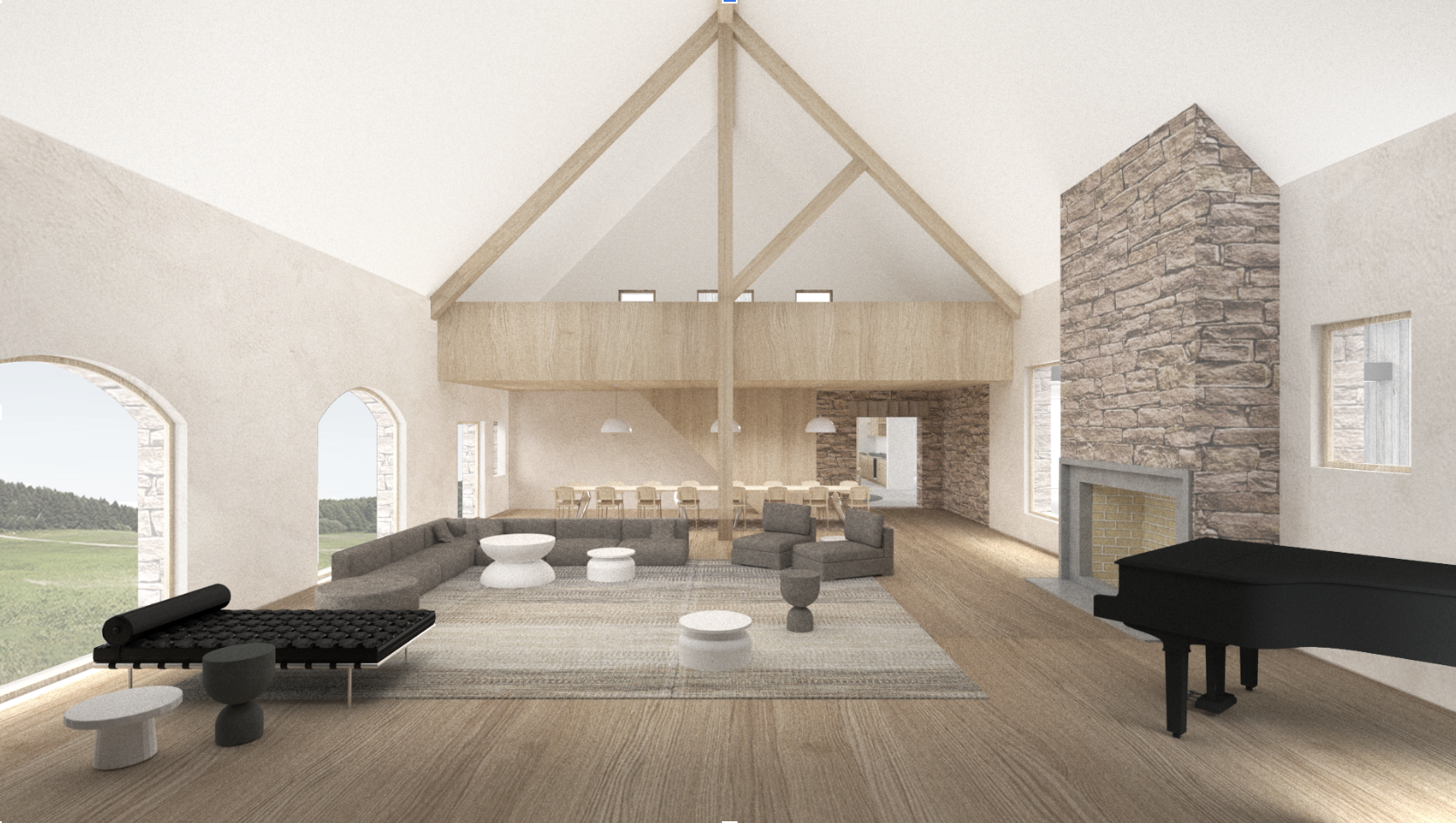 Living room with a gray sectional sofa, modern black chaise lounge, and various small coffee tables. Features a large window, a stone fireplace, and a high vaulted ceiling with exposed wooden beams.
