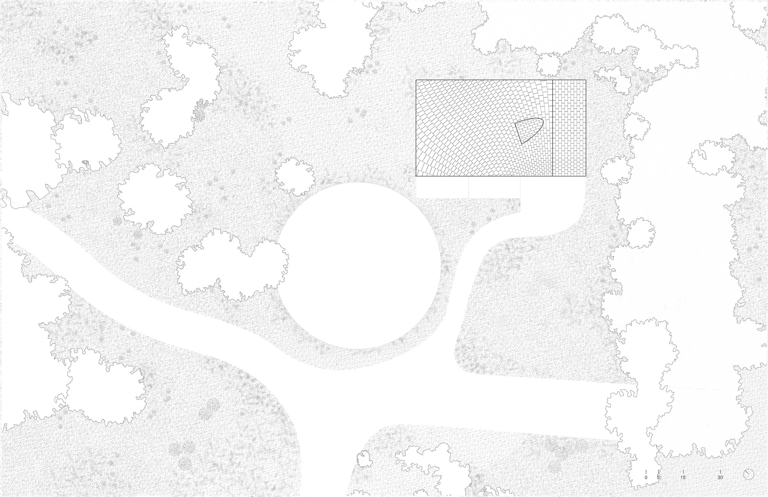 A detailed line drawing of an outdoor area with a path, trees, and a square structure with a circular object and a grid pattern inside.