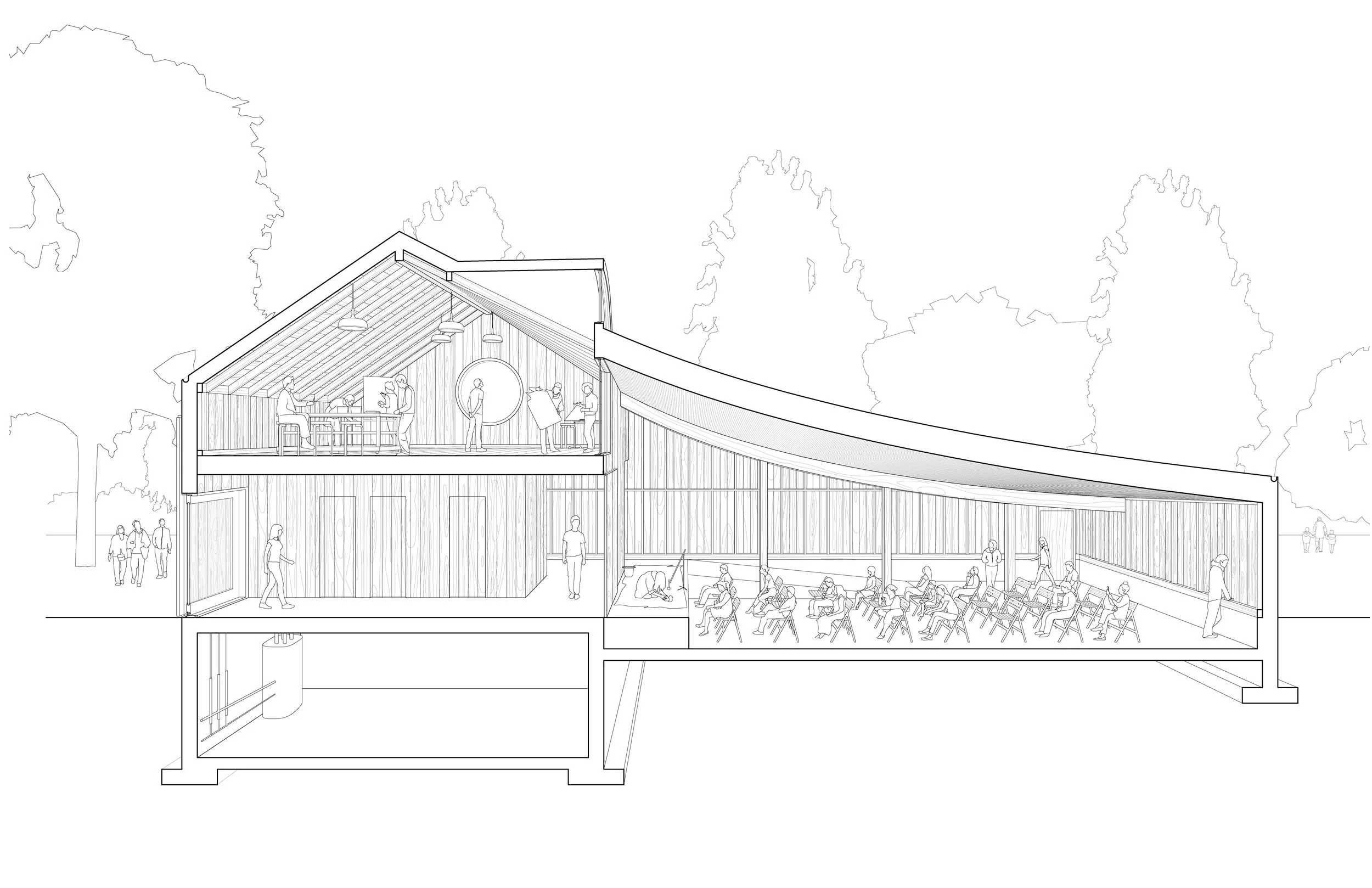 Architectural section drawing of a two-story building with a sloped roof, showing interior spaces including a classroom or meeting room on the upper level with people sitting and standing, and a large open area with chairs and people seated on the lower level. Exterior trees are visible in the background.