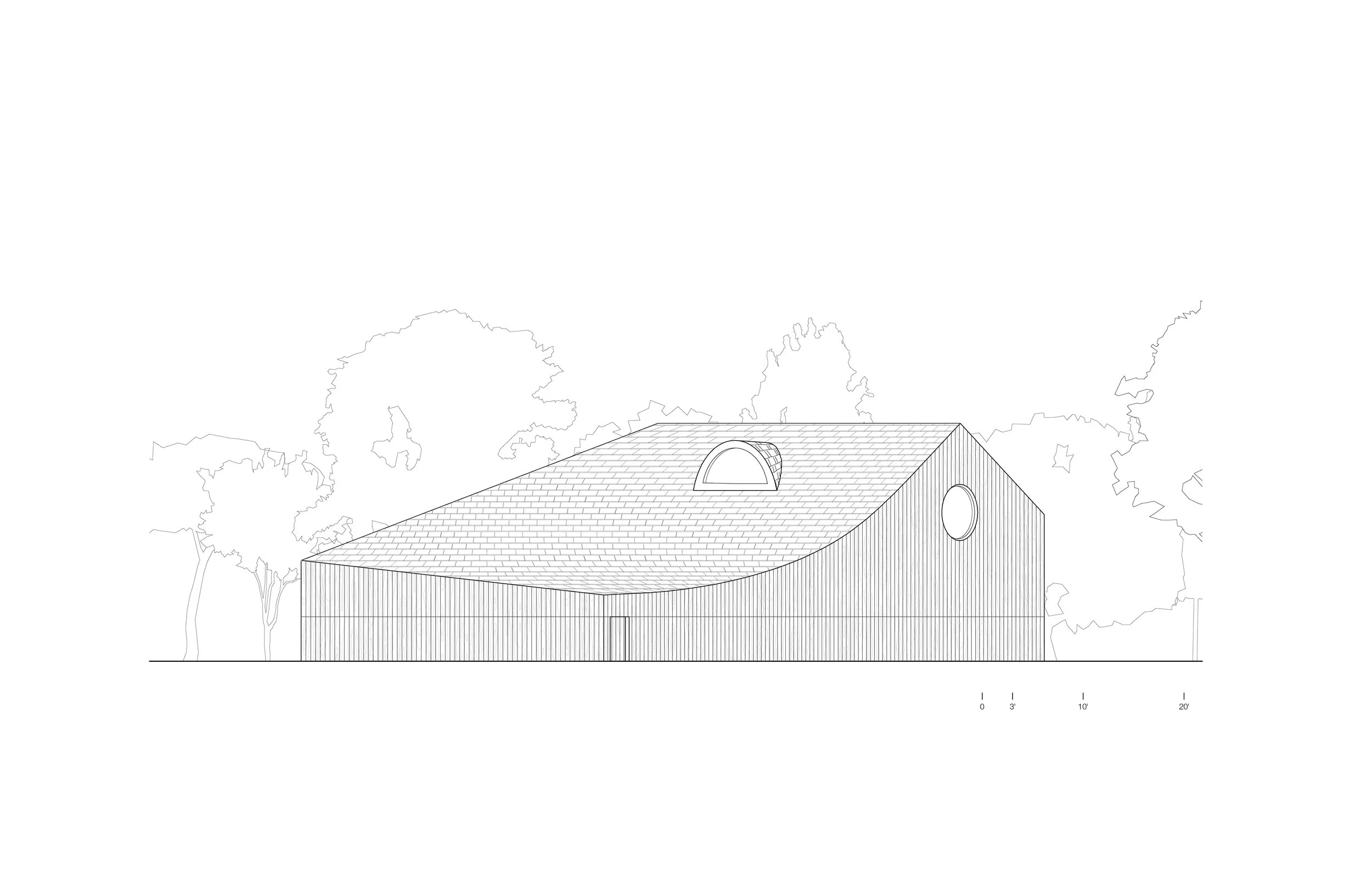 Line drawing of a modern house with a curved roof, circular window on the side, and a dormer window on the roof, surrounded by trees.
