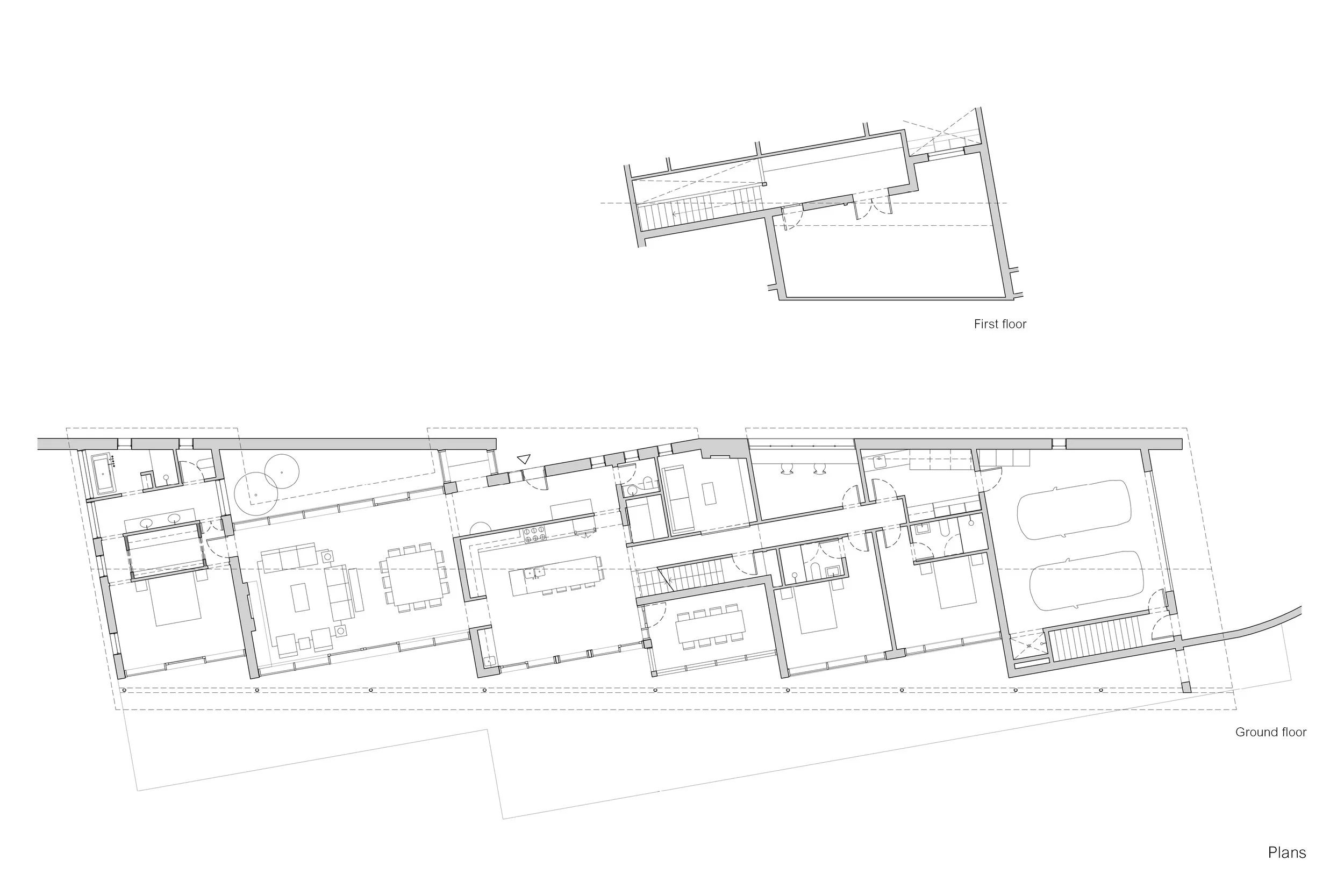 Architectural floor plan of a house showing ground floor and first floor layouts.