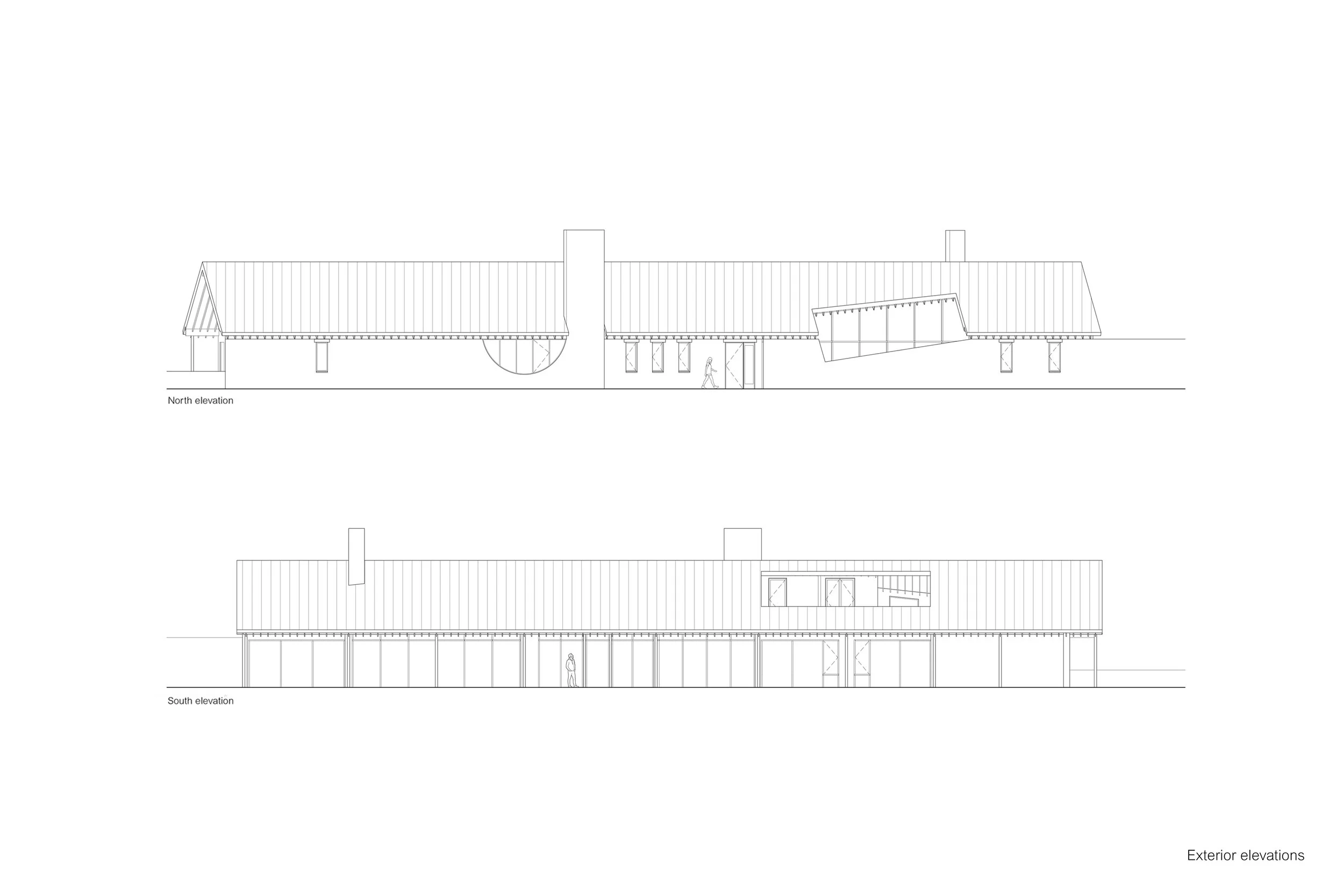Architectural elevations of a building showing north and south exterior views with a pitched roof and large windows, including a person walking and standing in the drawings.