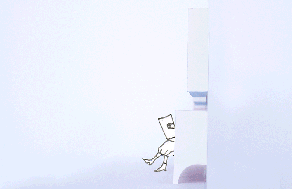 Line drawing of a person sitting with their head resting on their knees, partially visible behind a white wall in a minimal setting.