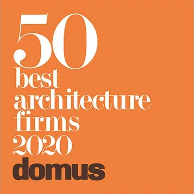 Orange background with white and black text reading "50 best architecture firms 2020 domus".