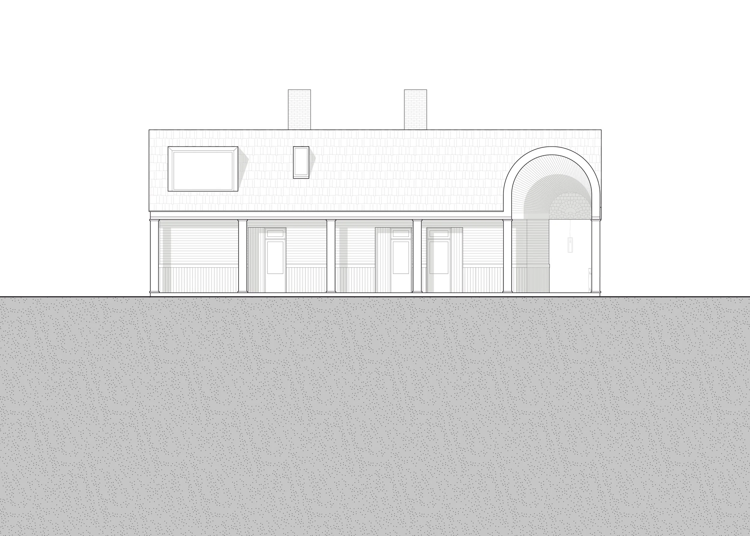 A detailed architectural elevation drawing of a house with a gabled roof, chimney stacks, and a large arched entrance on the right side, featuring doors, windows, and structural elements.