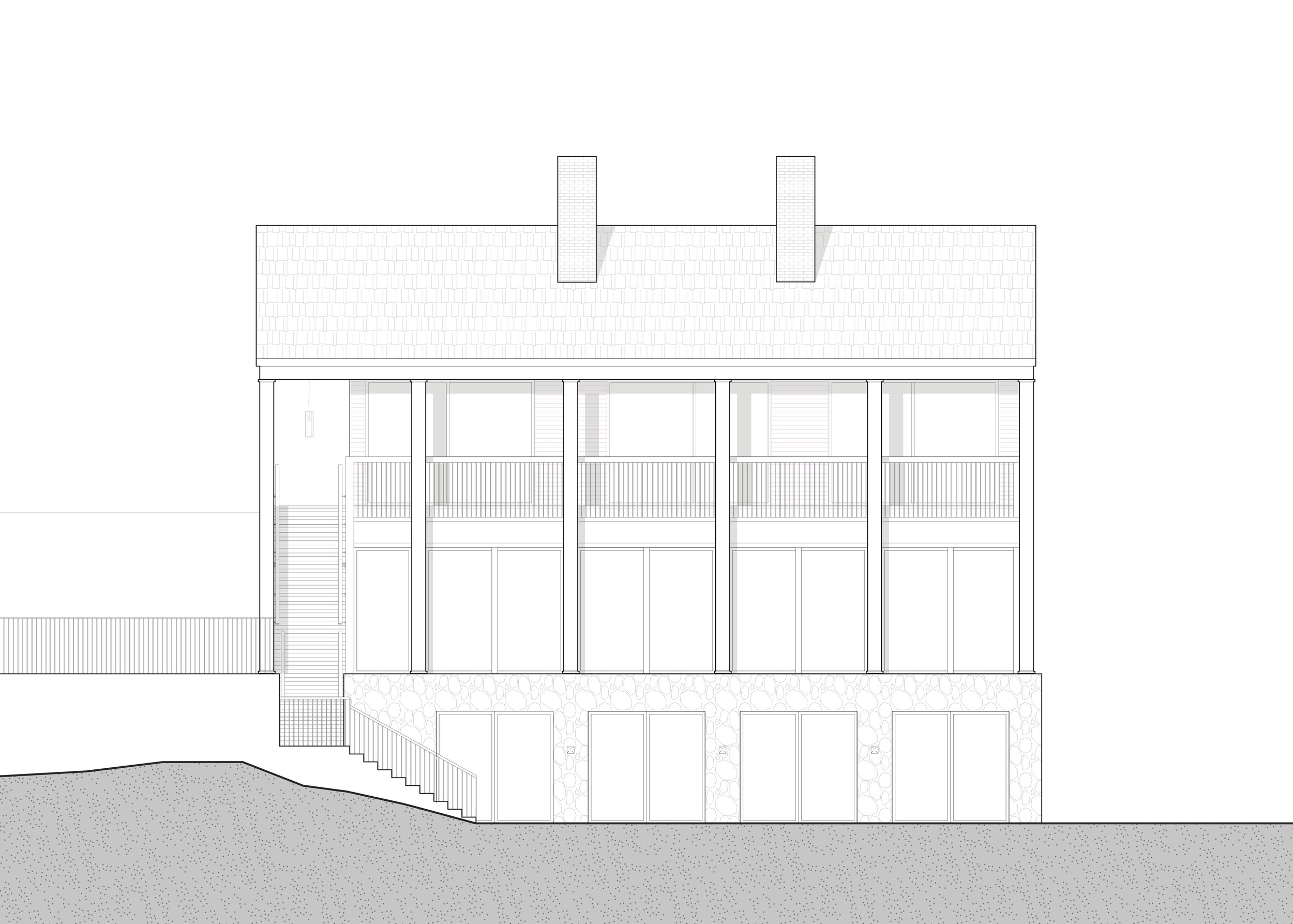 Architectural elevation drawing of a multi-story house with a stone foundation, large glass windows, a covered porch with railings, and dormer windows on the roof.
