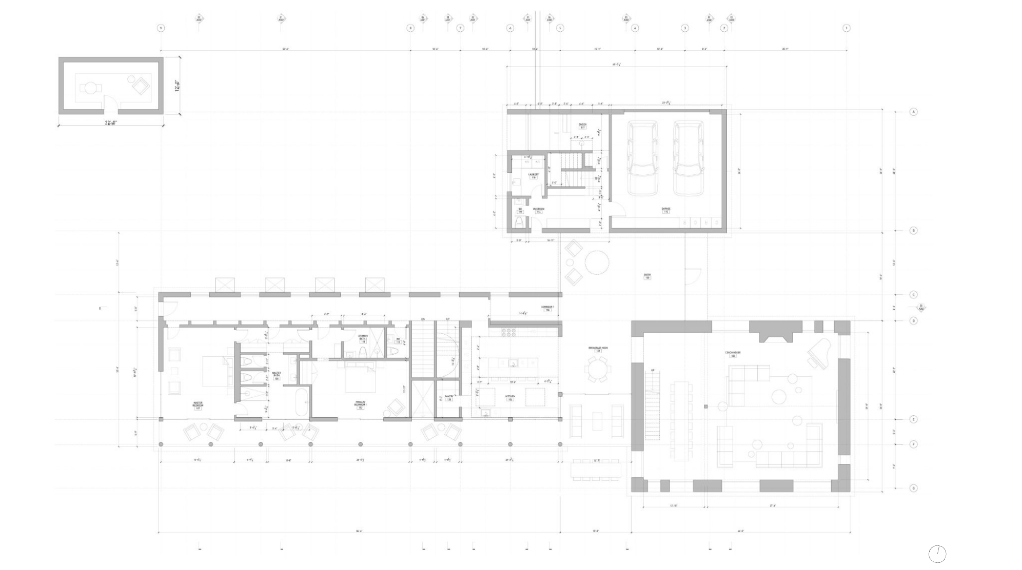 Architectural floor plan of a house with labeled rooms, garage, and outdoor areas, showing dimensions and layout of interior spaces.